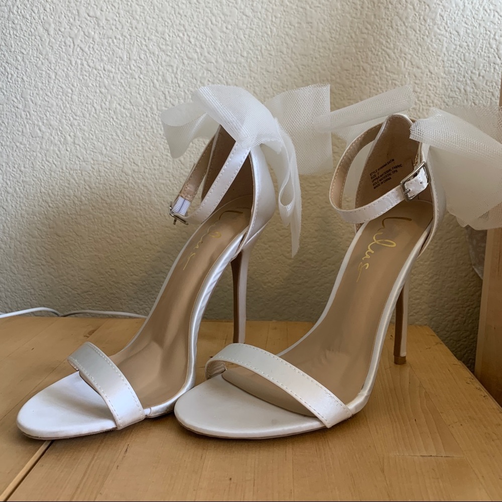 Lulus White Bow Heels - Ayanna Ivory Satin Bow Ankle Strap High Heel Sandals